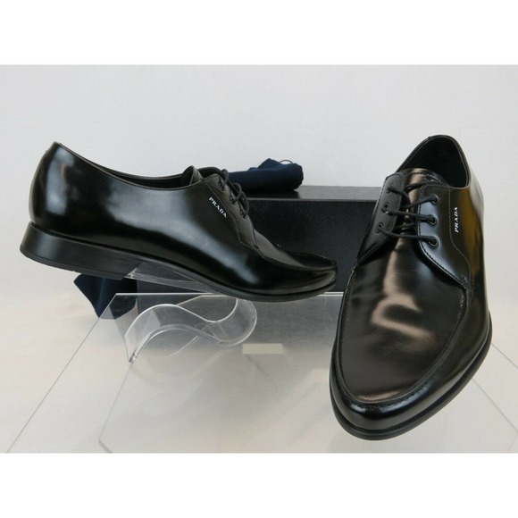 PRADA 2EC124 BLACK POLISHED LEATHER POINTED TOE LACE UP LOGO OXFORDS 11 US 12 - Picture 1 of 12